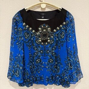 Alfani Flowy Top Elastic Waist Sheer Long Sleeves Blue Black Tan Women’s Size 10